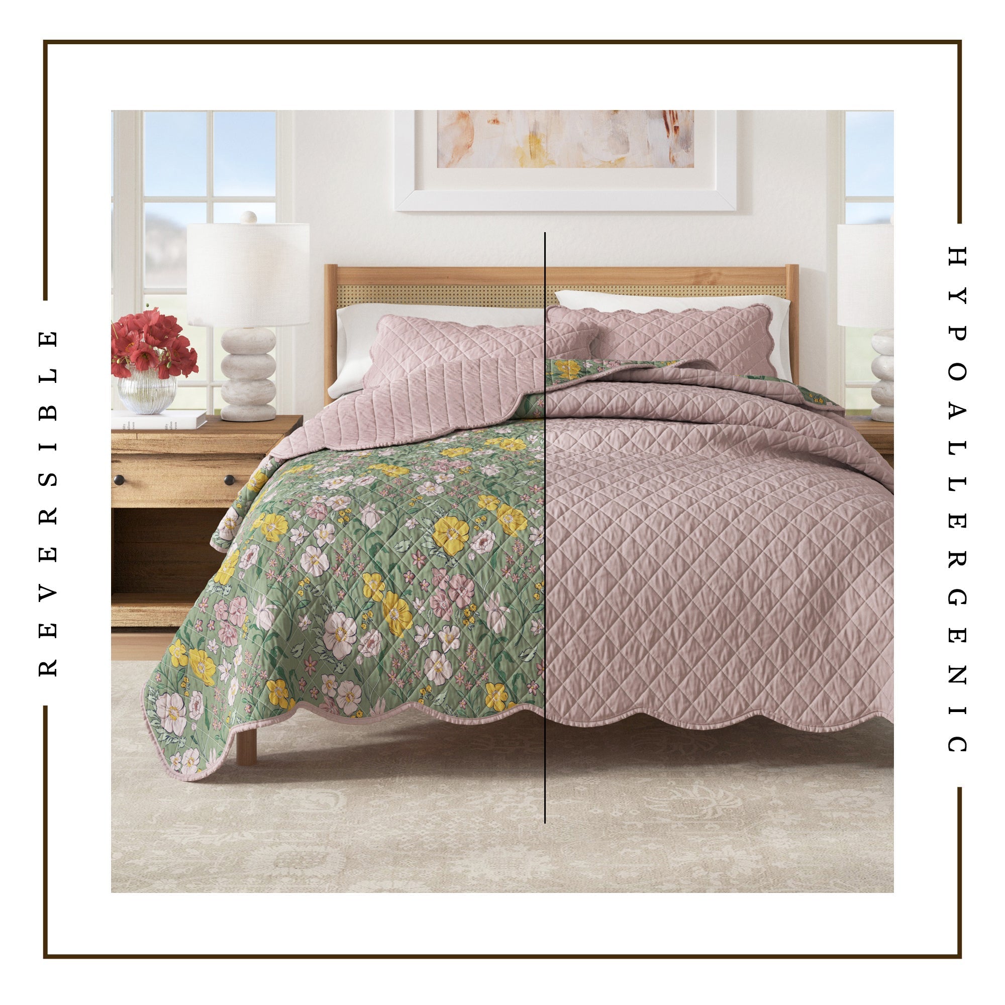 Floral Scalloped Edge Quilt Set — Reversible Cotton, Down Alternative | Vintage-Inspired
