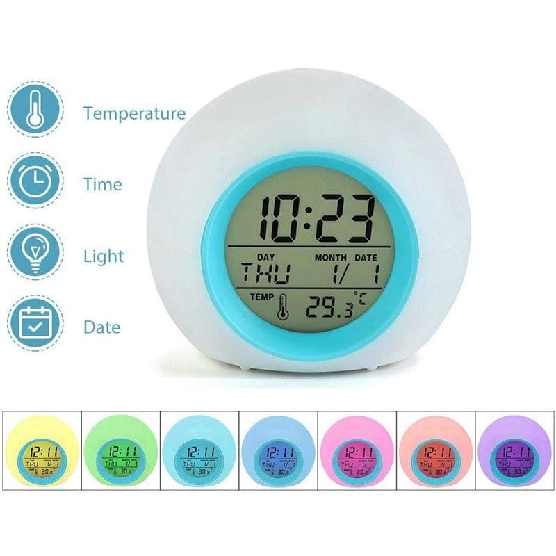 Digital clock with temperature display and color-changing feature on a white background