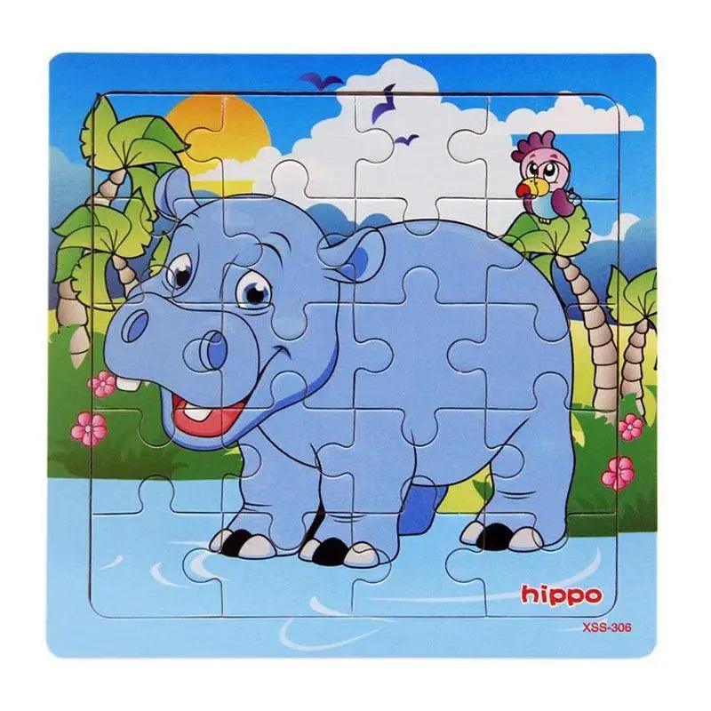 Children's puzzle with a cartoon hippo on a blue background
