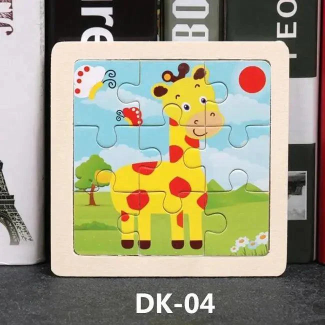 Children's puzzle with a cartoon giraffe on a wooden frame, set against a background of books.