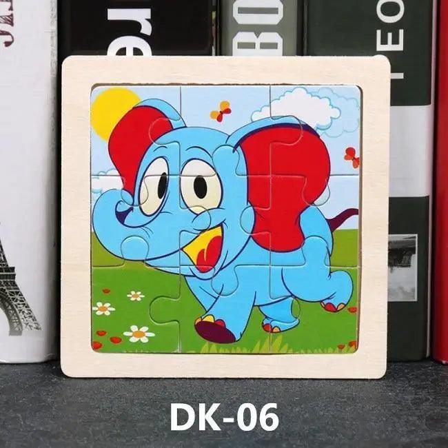 Children's puzzle with a cartoon elephant on a wooden frame, placed against a background of books.