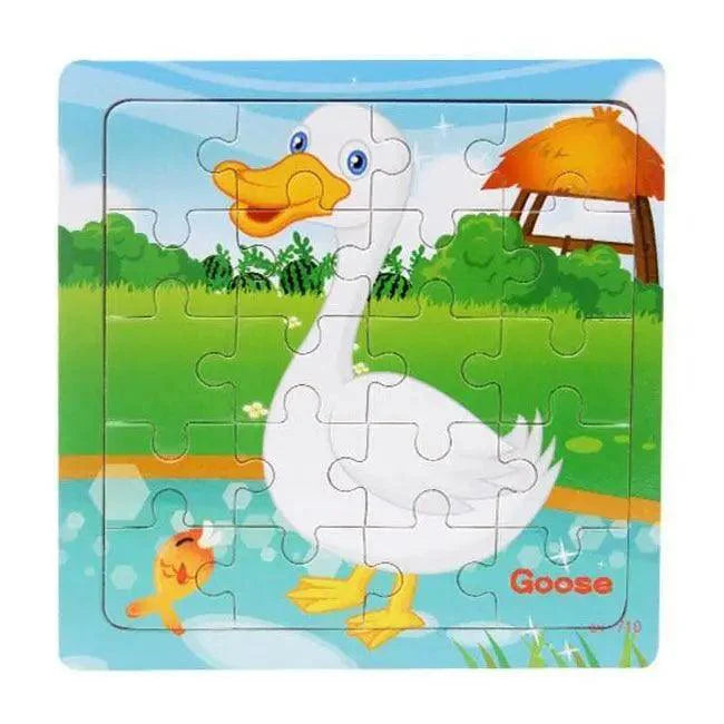 Children's puzzle with a cartoon goose and fish on a colorful background