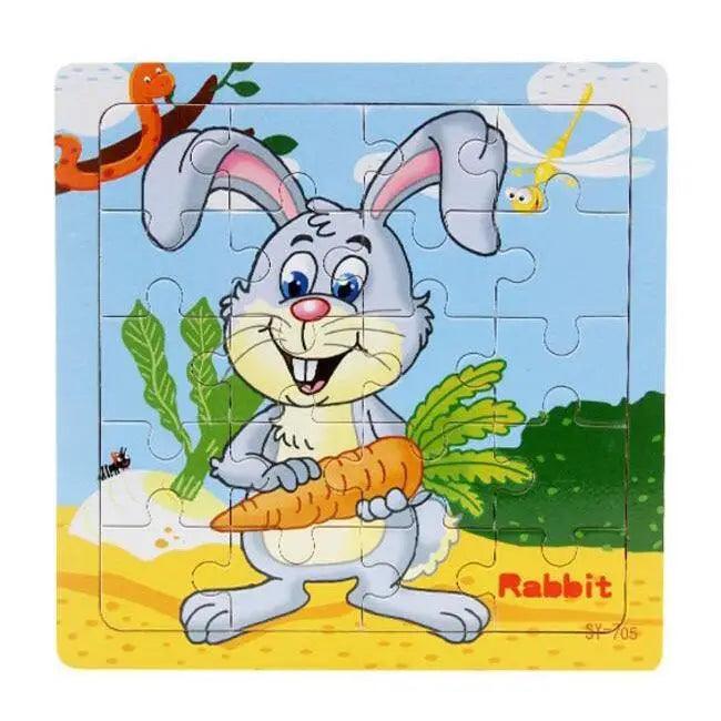 Children's puzzle with a cartoon rabbit holding a carrot on a colorful background