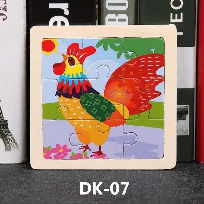 Colorful rooster puzzle on a dark surface with books in the background