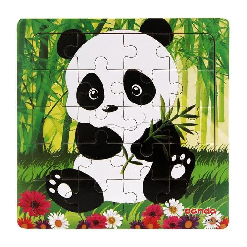 Panda-themed children's puzzle with a colorful border featuring flowers and leaves.