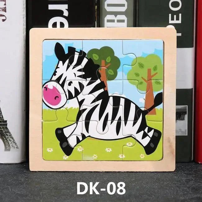 Children's wooden puzzle with a zebra design on a bookshelf background
