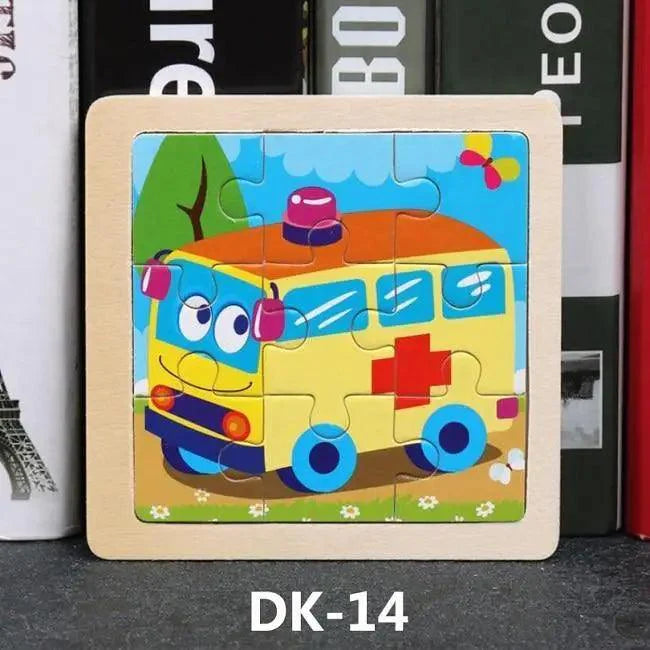 Children's puzzle with a cartoon ambulance on a wooden frame, set against a blurred bookshelf background.