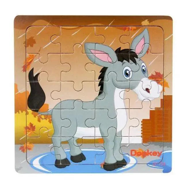 Children's puzzle with a cartoon donkey on an autumn-themed background