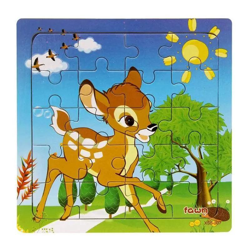 Children's puzzle with a cartoon deer in a forest setting