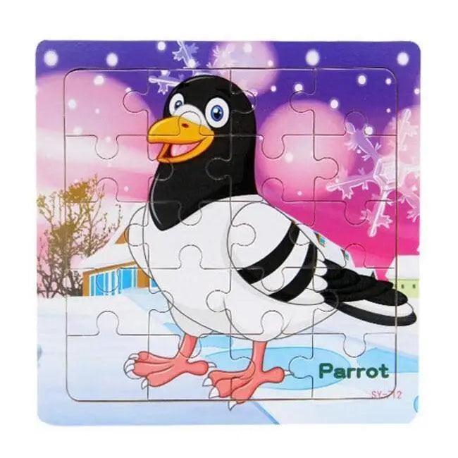 Children's puzzle with a parrot illustration on a colorful background