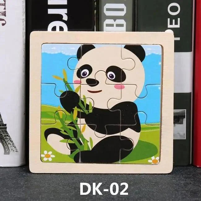 Children's panda-themed puzzle with a colorful background on a dark surface.