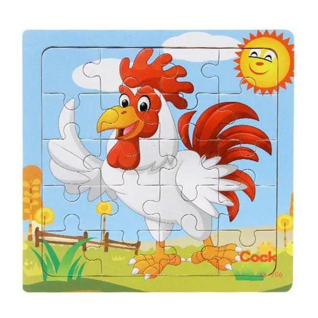 Children's puzzle with a cartoon rooster on a colorful background