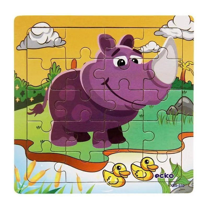 Children's puzzle with a purple hippo character on a colorful background