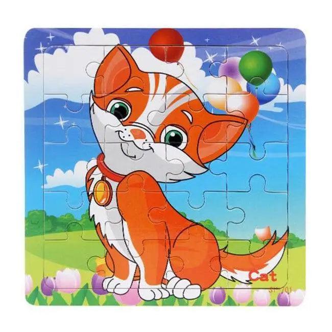Children's puzzle with a cartoon cat design on a blue sky background