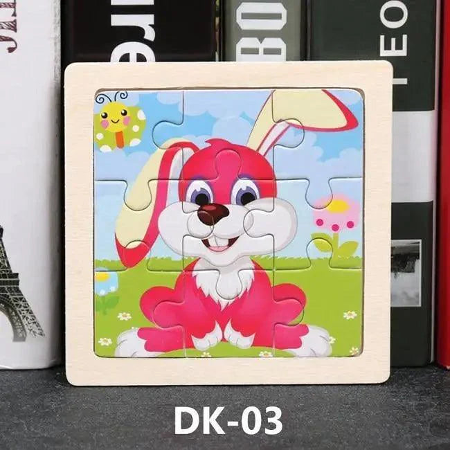 Children's puzzle with a cartoon bunny design on a wooden frame, set against a blurred background.
