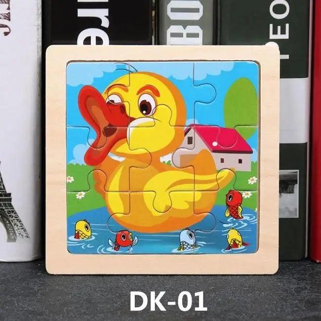 Children's wooden puzzle with a cartoon duck design on a dark surface.