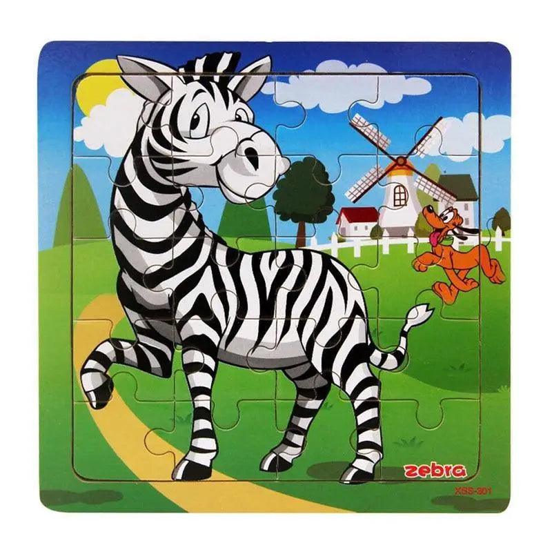 Children's puzzle with a cartoon zebra in a scenic background