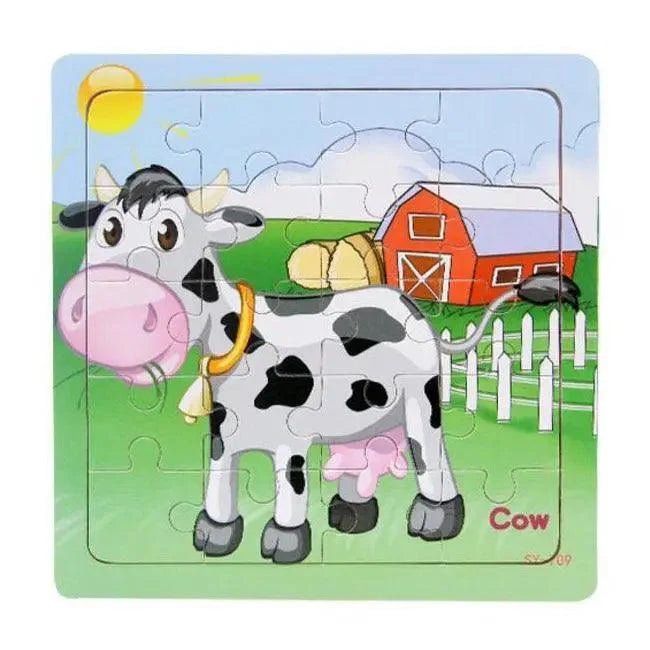 Children's puzzle with a cow illustration on a farm background