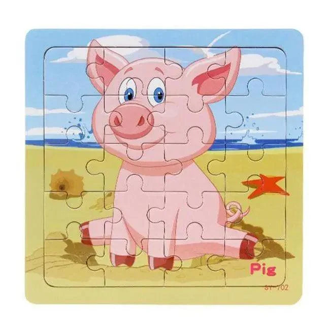 Children's puzzle with a cartoon pig on a beach background