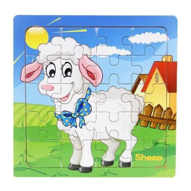 Children's puzzle with a cartoon sheep on a colorful background