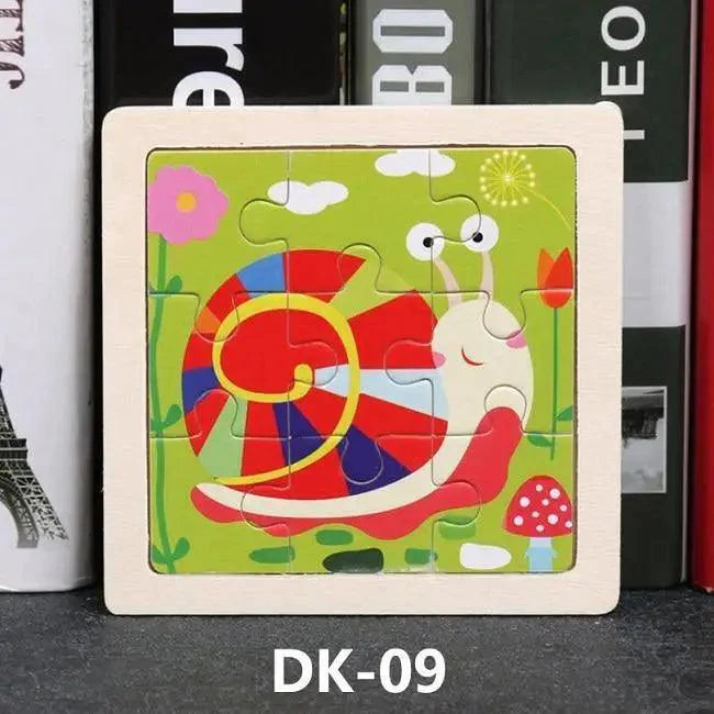 Children's puzzle with a colorful snail design on a wooden frame, placed against a background of books.
