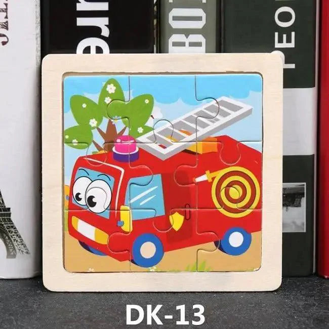 Children's puzzle with a cartoon fire truck design on a wooden frame.
