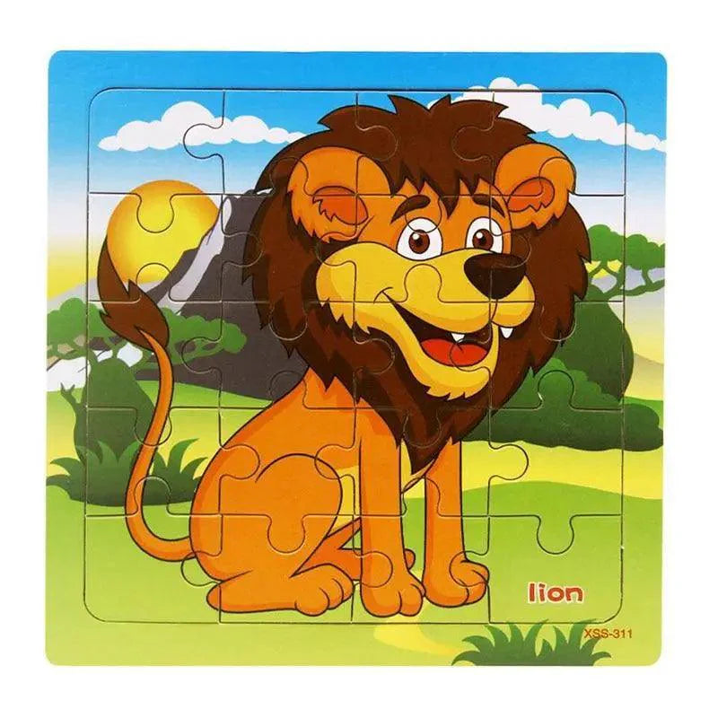 Children's puzzle with a cartoon lion on a colorful background
