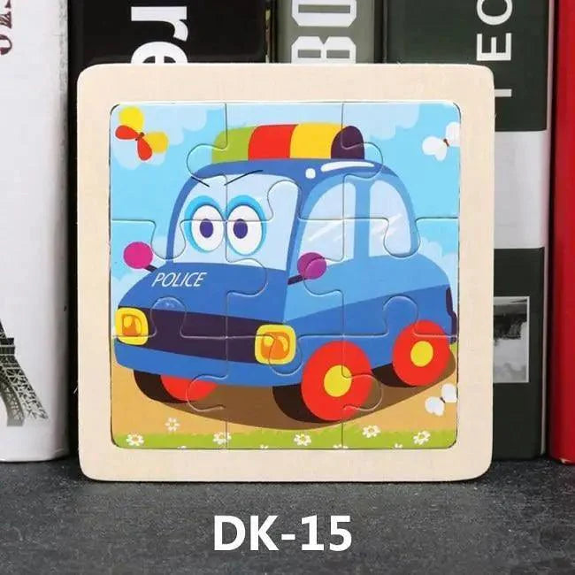 Children's puzzle with a cartoon police car on a magazine background