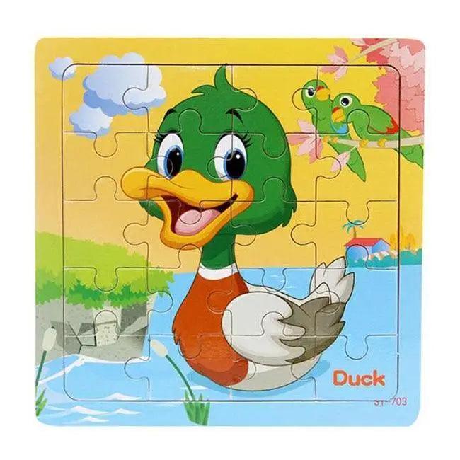 Children's puzzle with a cartoon duck character on a yellow background