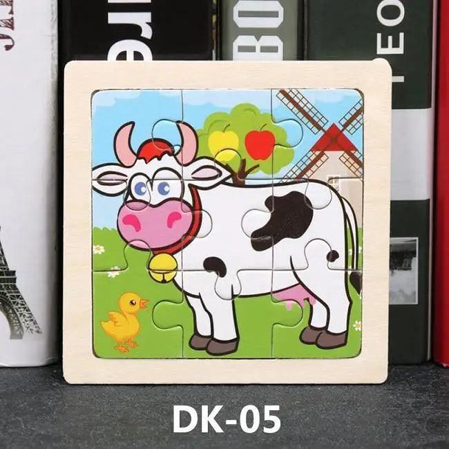 Children's puzzle with a cow illustration on a wooden frame, set against a blurred magazine background.