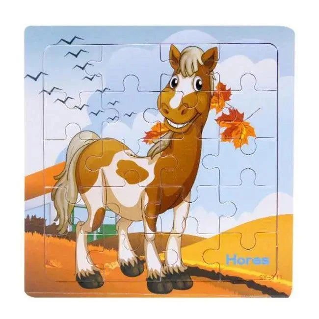 Children's puzzle with a cartoon horse on a blue sky background