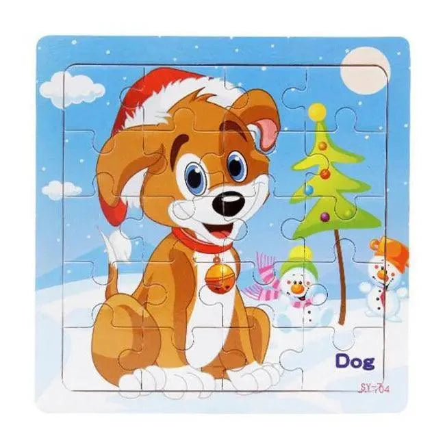 Children's puzzle with a cartoon dog wearing a Santa hat and Christmas tree in the background
