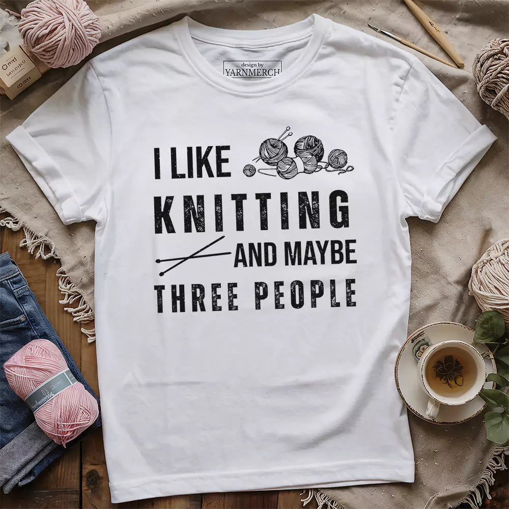 Knitting & 3 People T-Shirt | Funny Knitting Graphic Tee for Yarn Lovers