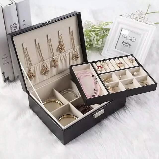 Lady PU Leather Jewelry Box – Double-Layer Organizer for Earrings, Rings & More
