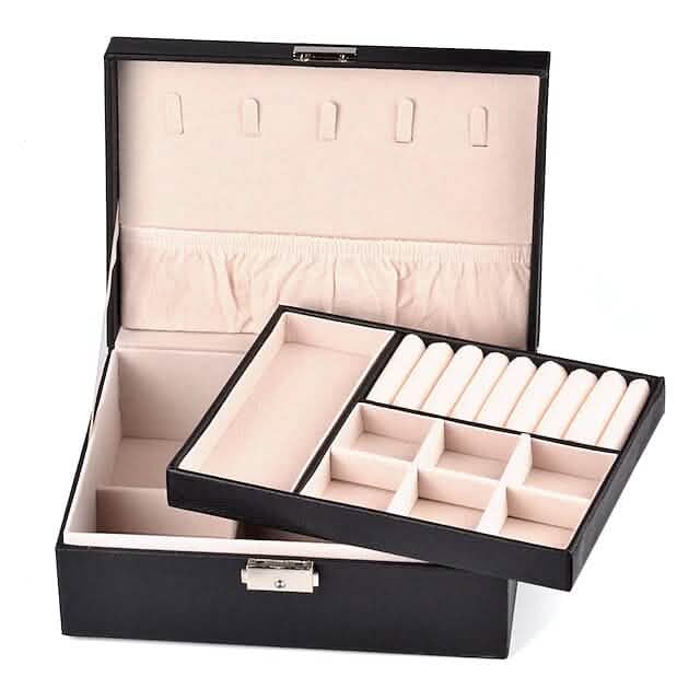 Lady PU Leather Jewelry Box – Double-Layer Organizer for Earrings, Rings & More