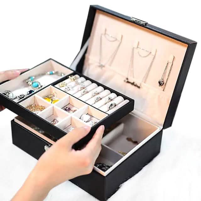 Lady PU Leather Jewelry Box – Double-Layer Organizer for Earrings, Rings & More
