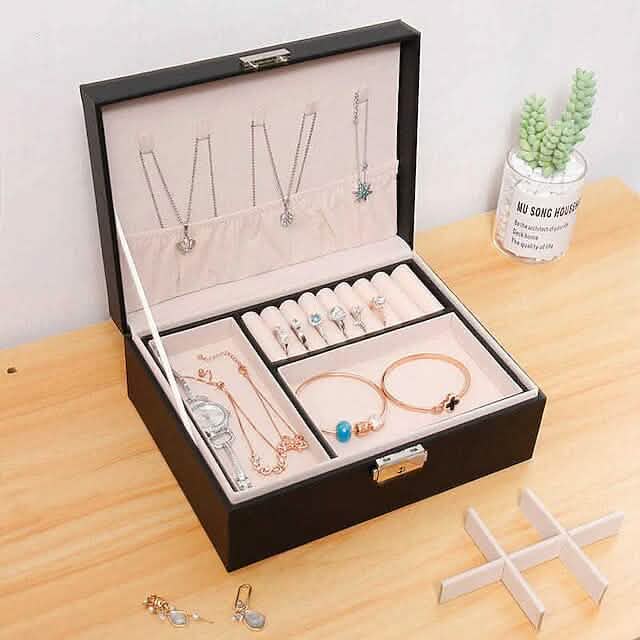 Lady PU Leather Jewelry Box – Double-Layer Organizer for Earrings, Rings & More