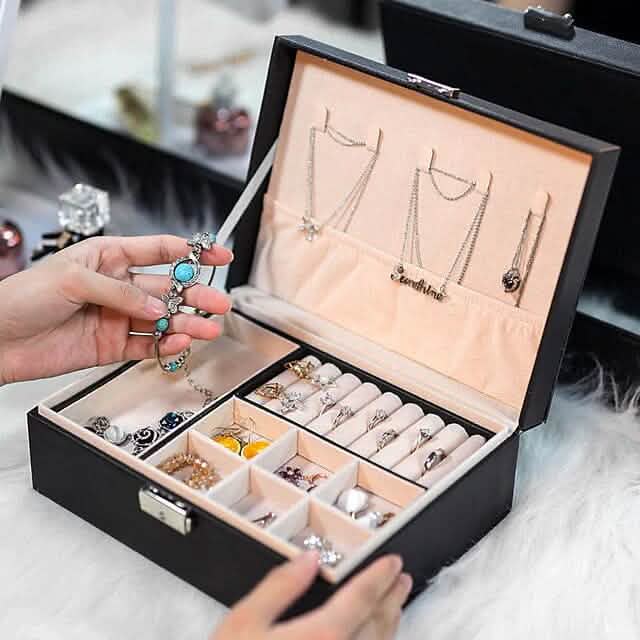 Lady PU Leather Jewelry Box – Double-Layer Organizer for Earrings, Rings & More