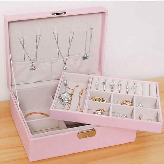Lady PU Leather Jewelry Box – Double-Layer Organizer for Earrings, Rings & More