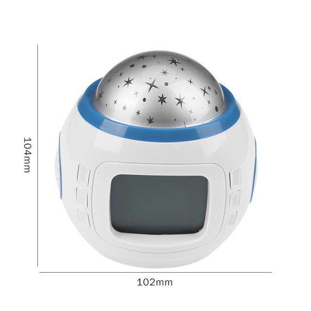 White and blue night light with star projector and digital display, shown with dimensions on a white background.