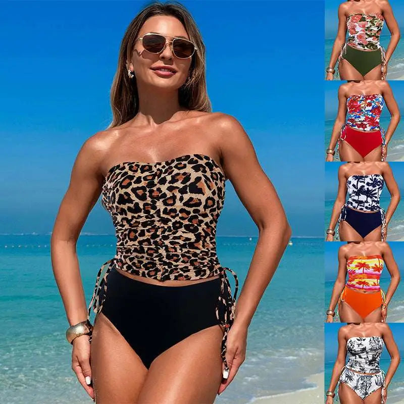 Leopard Bandeau High-Waisted Bikini – Two-Piece Swimsuit for Women