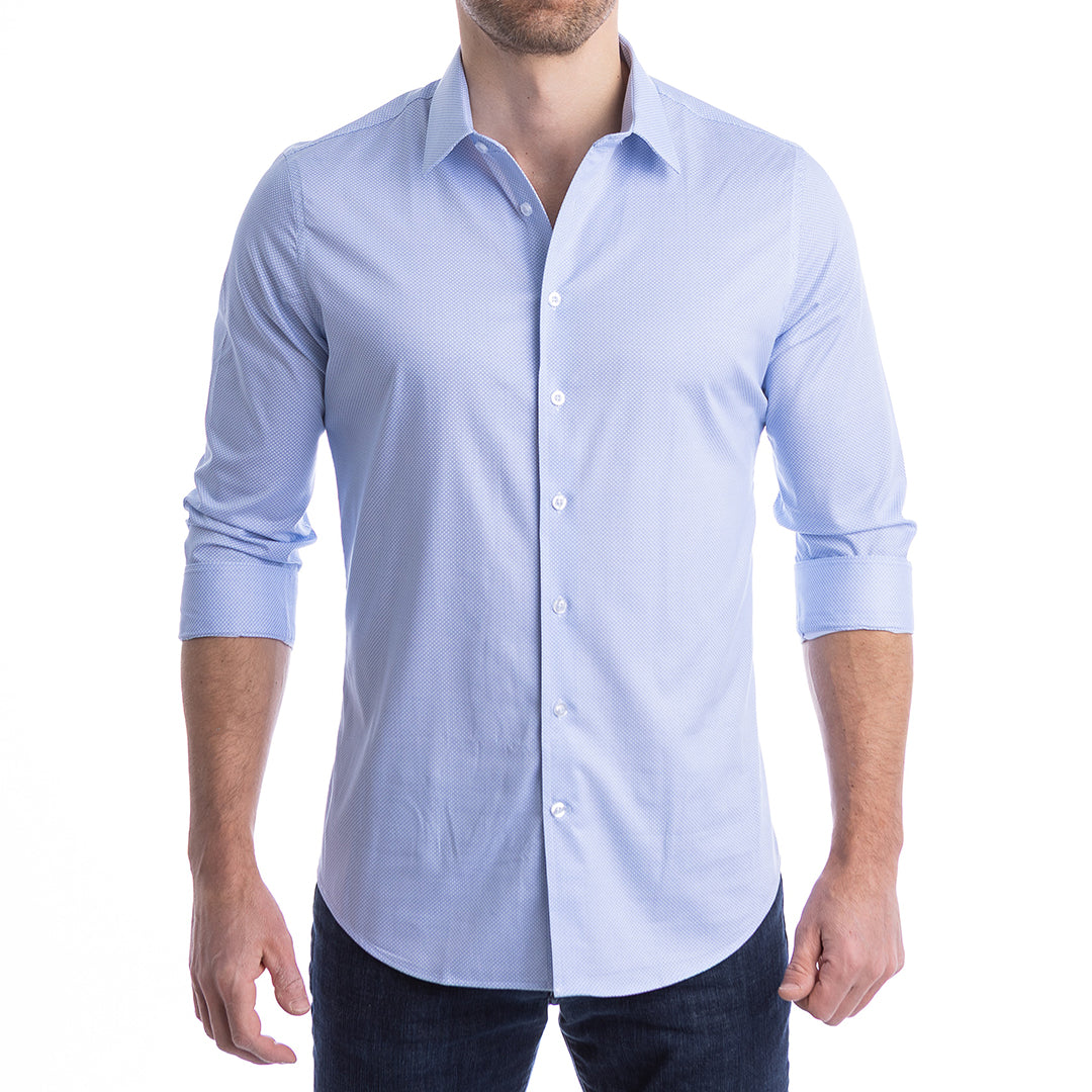 Light blue button-up shirt worn by a person on a white background
