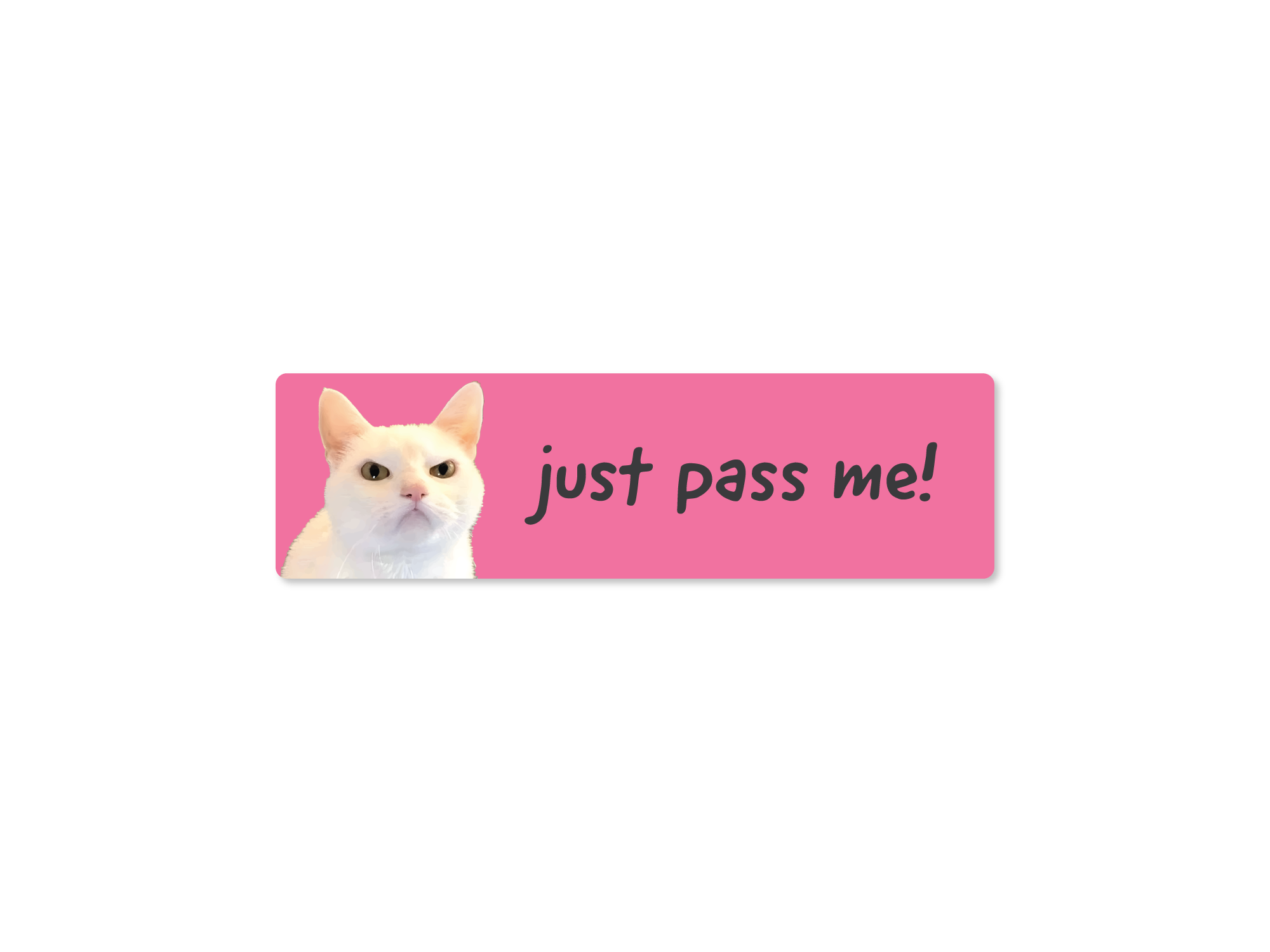 Cat peeking over a pink banner with text 'just pass me!' on a white background