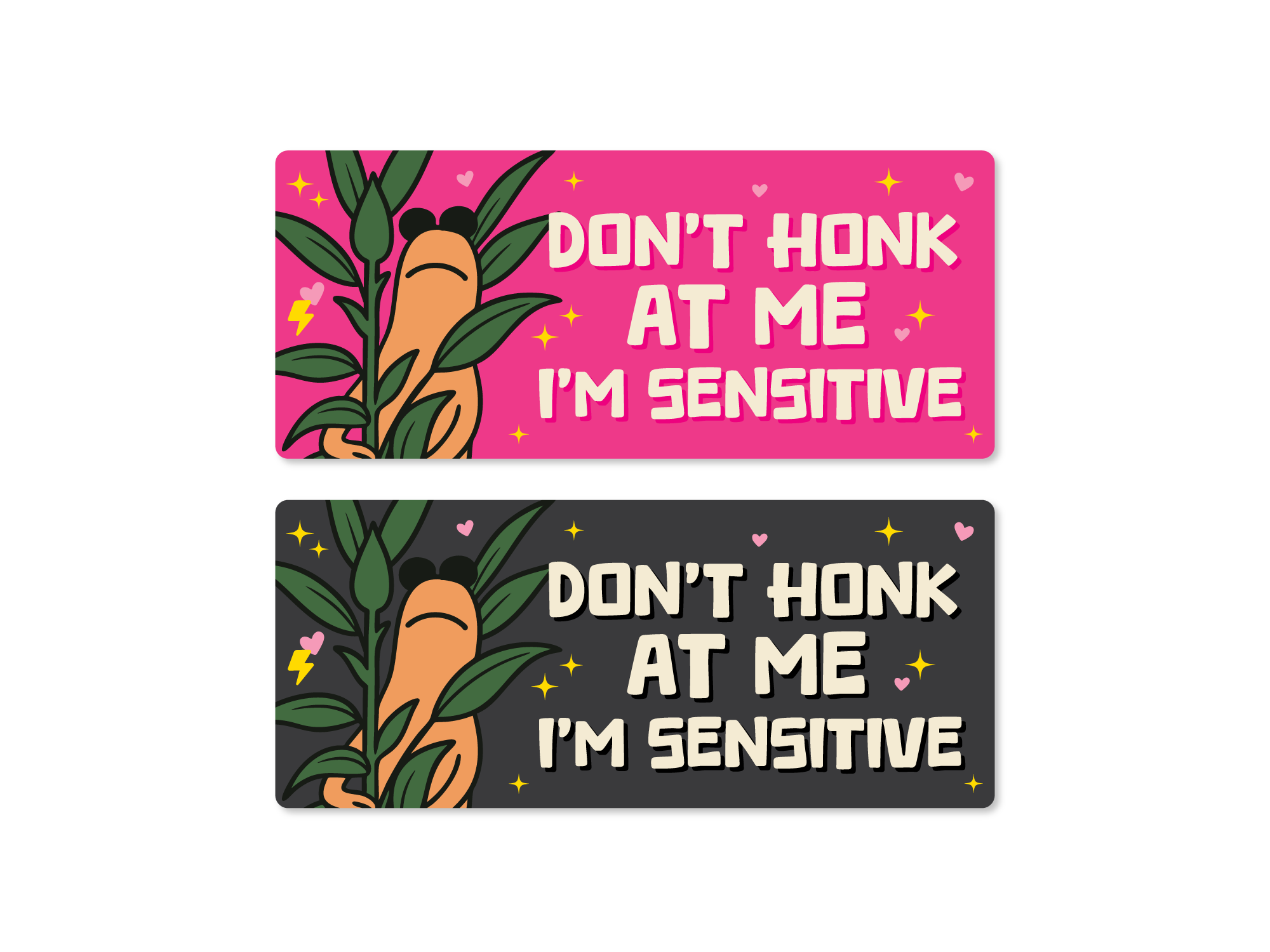 Two stickers with a cartoon dog and text 'Don't honk at me I'm sensitive' on pink and black backgrounds.