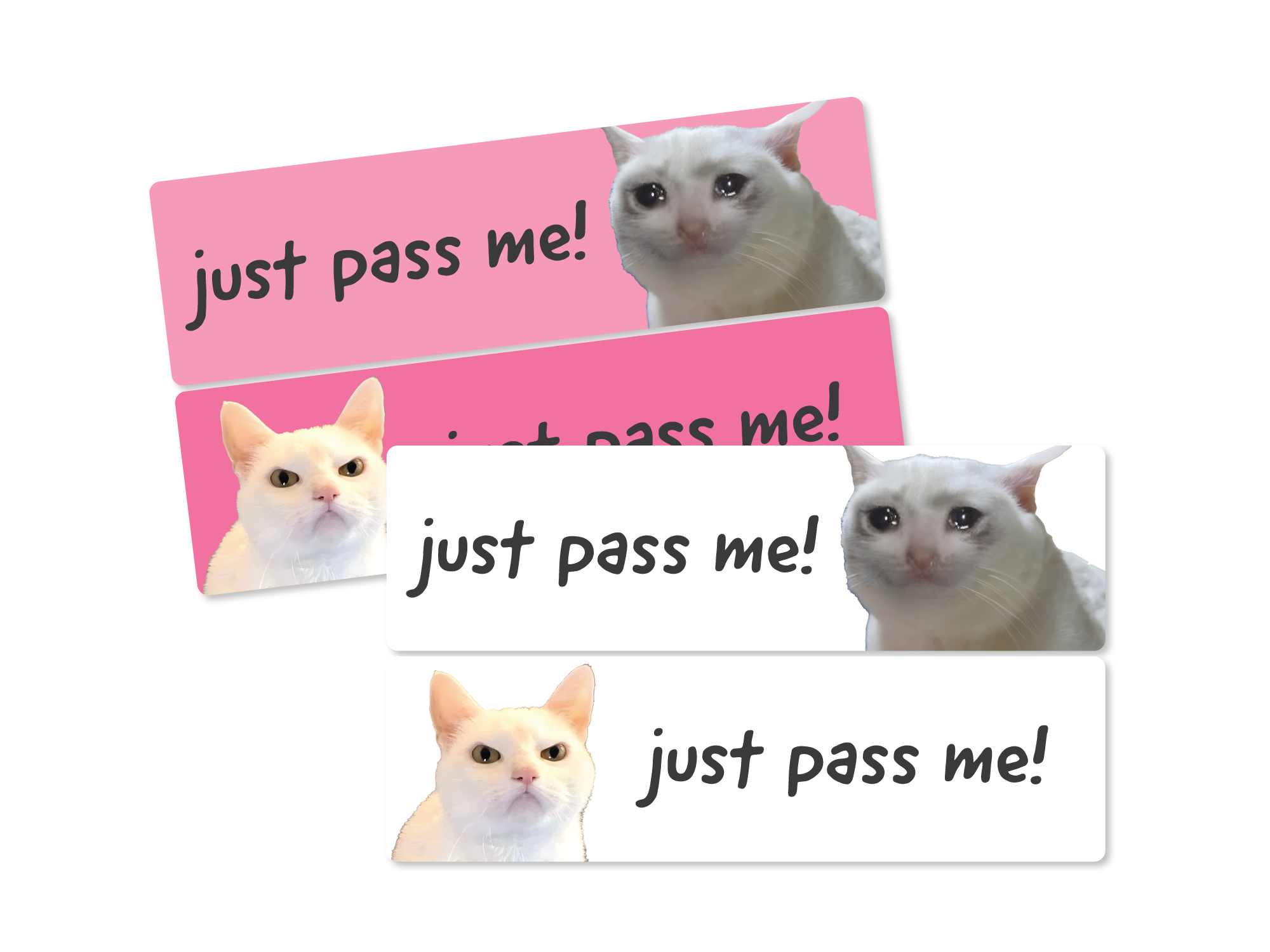 Four stickers with a cat and 'just pass me!' text on pink and white backgrounds.