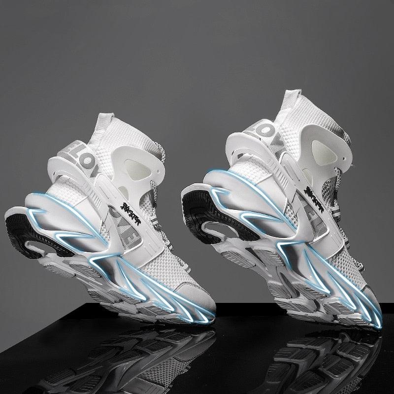 Pair of futuristic white and gray sneakers with blue accents on a reflective surface.