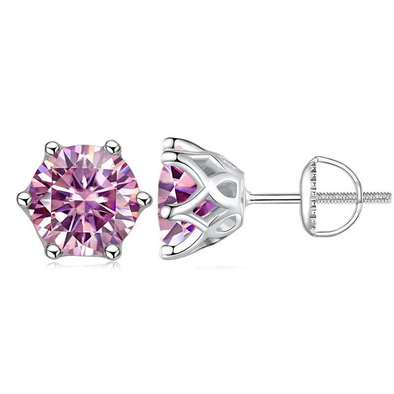 Pink gemstone stud earrings on a white background