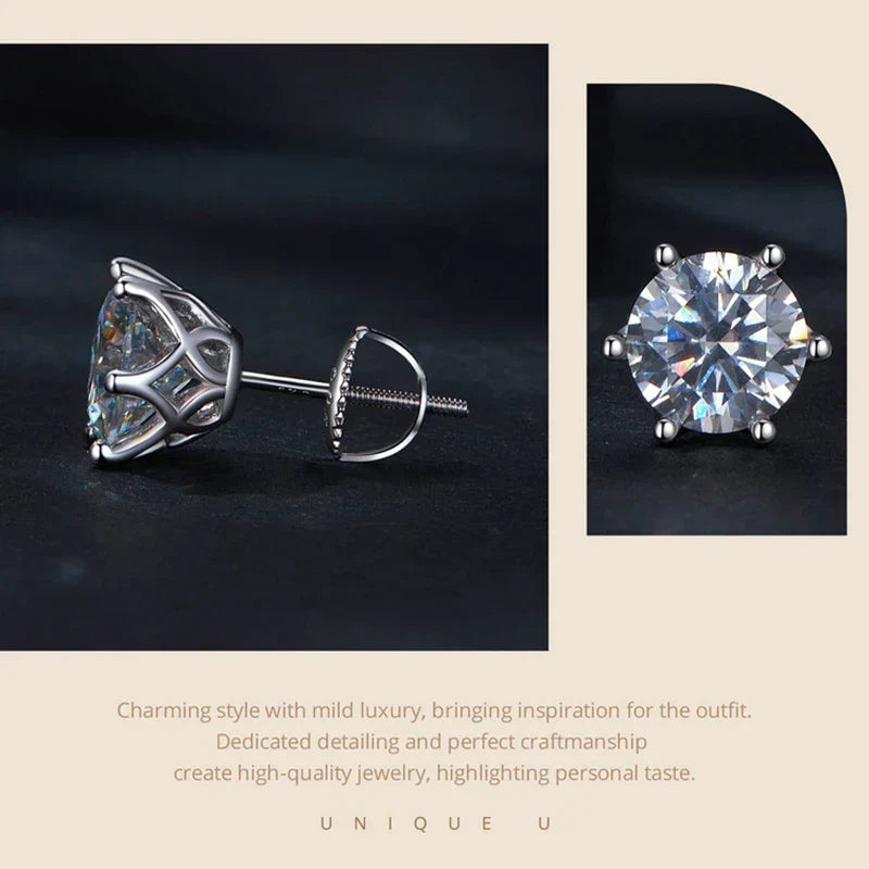 Pair of diamond earrings on a dark background with text about jewelry quality.