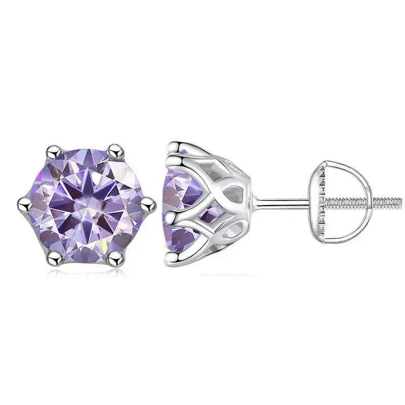 Purple gemstone stud earrings on a white background