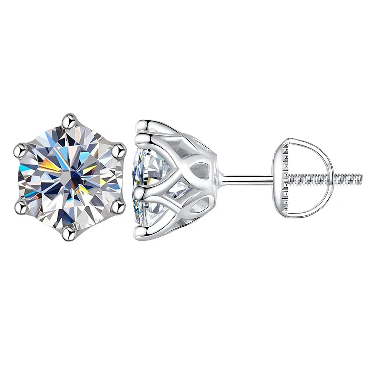 Pair of silver stud earrings with clear gemstones on a white background